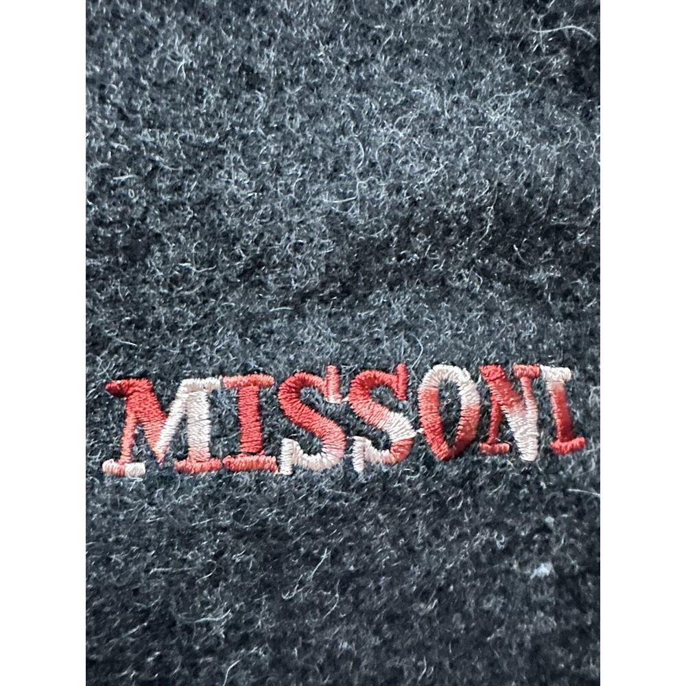 MISSONI Women’s Scarf Wool Fringe Dark Charcoal Gray Pink Logo embroidered